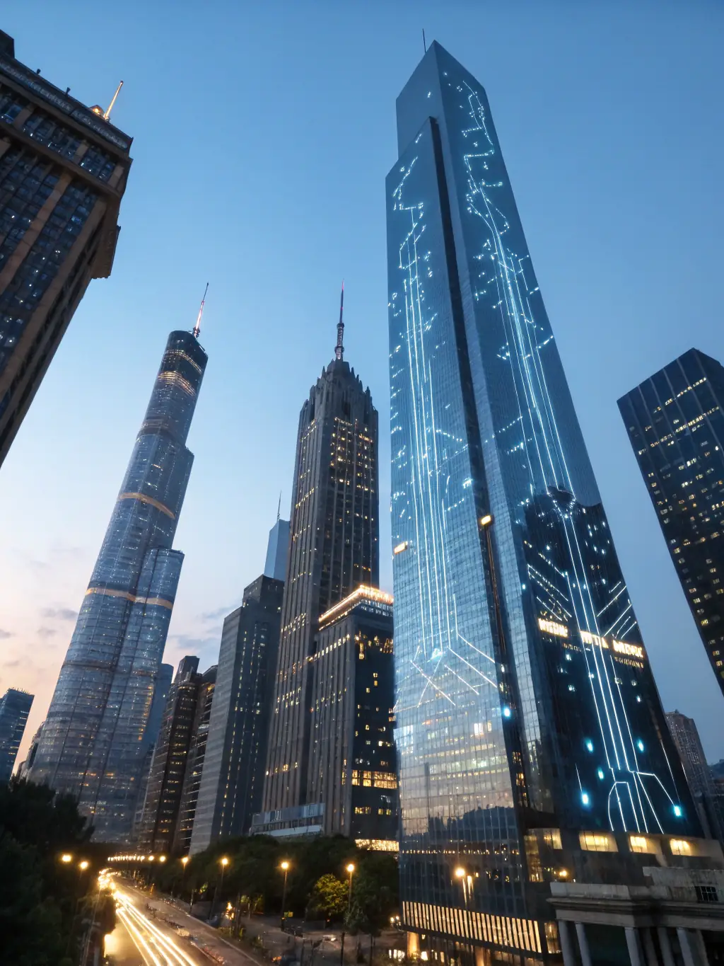 An aerial view of a modern cityscape with smart infrastructure elements like connected streetlights and sensor networks, showcasing ECO Systems' Smart City Planning service.