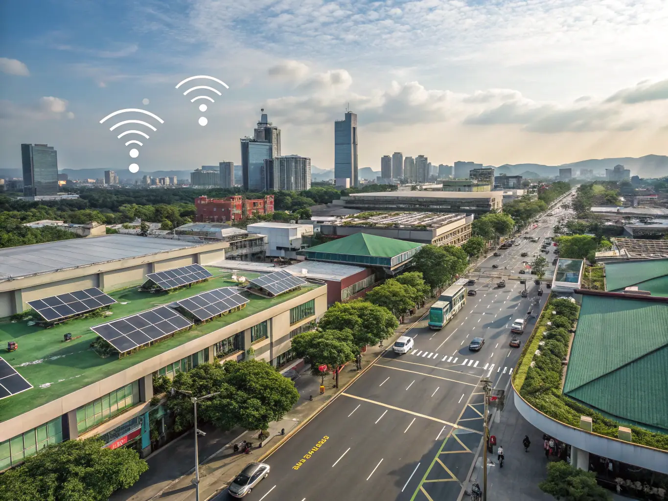 A close-up of various IoT sensors and devices integrated into city infrastructure, such as traffic lights, waste bins, and parking meters, highlighting the interconnectedness of smart city systems.