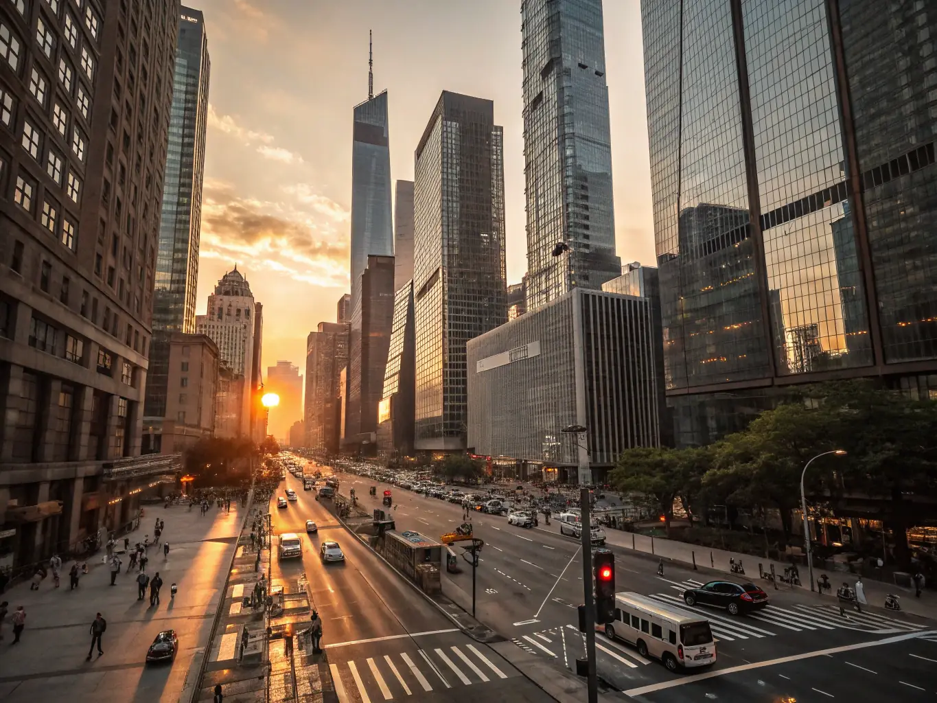 A wide-angle shot of a city skyline at dusk, with smart streetlights illuminating the streets and buildings, showcasing the integration of technology in urban infrastructure.